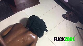 Ebony babe with small tits and narrow ass gets close-up massage in bedroom casting interview