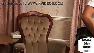 Femdom milf mocks small 18+ cock dude in fishnets. She facesits him while he licks her pussy.