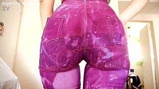 Skinny teen shows off incredible big ass and puffy cameltoe in tight jeans