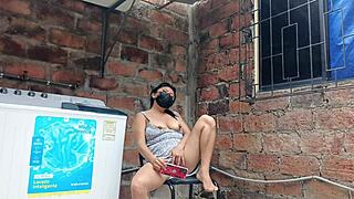 Slutty Neighbor in the Yard Shows Her Pussy Under Dress - What a Kinky Canadian Latina!