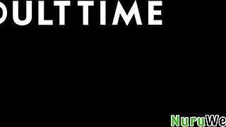 This amazing busty blonde milf gives her black client the most sensual nuru massage ever 😍💦