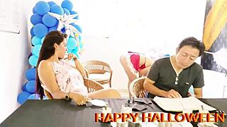 On Halloween Beautiful Busty Stepmother Has Lesbian Sex With Big-Ass Stepdaughter In Front Of Husband!