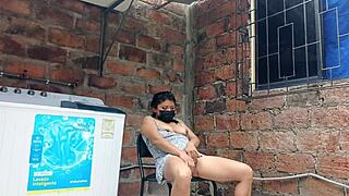 Slutty Neighbor in the Yard Shows Her Pussy Under Dress - What a Kinky Canadian Latina!