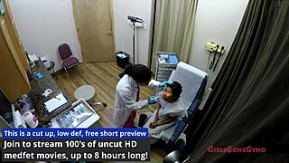 The problematic patient Sandra Chappelle spreads legs in latex gloves backstage. Curly Latina with small tits teases as patient.