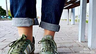 Slave, are you ready to worship my tan nylon soles and toes in blue jeans while I tease you outdoors on the bench?