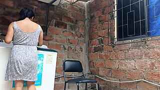 Slutty Neighbor in the Yard Shows Her Pussy Under Dress - What a Kinky Canadian Latina!