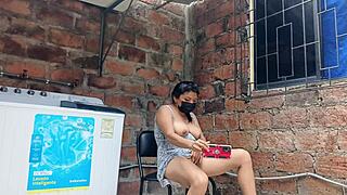 Slutty Neighbor in the Yard Shows Her Pussy Under Dress - What a Kinky Canadian Latina!