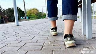 Slave, are you ready to worship my tan nylon soles and toes in blue jeans while I tease you outdoors on the bench?