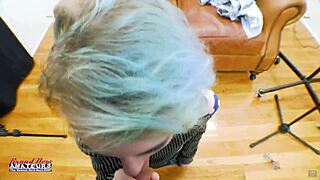 Petite exotic coed Raven rubs her twat and gets jizzed sucking a cock