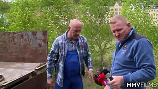 The voyeur watches as the German milf joins a threesome with blowjobs and doggystyle. She fingers and masturbates in lingerie for orgasm.