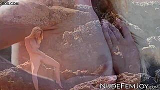 Beautiful babe teases at the beach by showing her perfect body in bikini close-ups