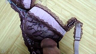 Cumshot on My Step Sisters Pink Leopard Print Bra with Black Lingerie!