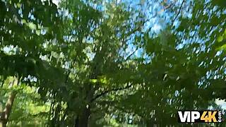 Tattooed blonde Greta Foss takes hardcore outdoor fucking from hunter in forest with shaved pussy and natural tits exposed