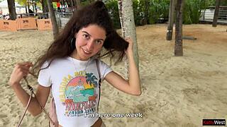 Hey, I grabbed this girl from her cuckold husband on the public beach and fucked her hard in doggystyle outdoors