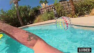 laynee james oiled skinny pussy soaks poolside before monster cock creampie fillup