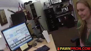 This adorable blackmailed bitch joins the horny group fuck at the pawnshop after flashing