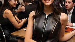 Bored office secretary in leather heels licks boss pussy outdoors part 2