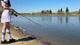 schoolgirl angler hikes skirt fishes pussy outdoor moans