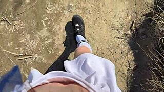 schoolgirl angler hikes skirt fishes pussy outdoor moans