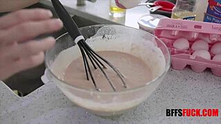 Three Hot 18+ Teens Bake Shake Big Booties Ride Master In Kitchen Gangbang!