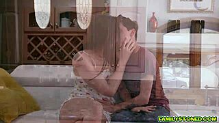 stepson scores epic blowjob from girlfriend and horny stepmom on sofa