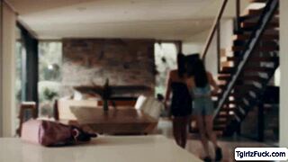 Blonde trans stepmom seduces skinny tgirl stepdaughter into bareback ass licking