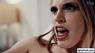 Blonde trans stepmom seduces skinny tgirl stepdaughter into bareback ass licking