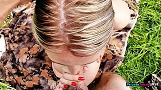 Mature russian pair sneaks wet pussy pounding amid forest trees