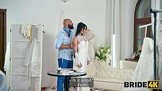 little bride whore fucked hard on wedding couch groom waits outside!