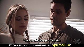 Blonde stepdaughter sneaks homemade blowjob and creampie fuck from father-in-law with Spanish subs.