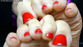 sweat-drenched petite mistress's small feet with red toenail polish demand total domination