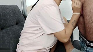 Tired stepsis jerks me with mouth on sofa