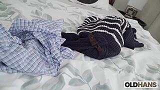 neighbors' juicy shaved pussy rides old man's monster cock.