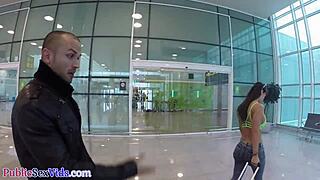 Spanish babe rides cock assfucked publicly at airport