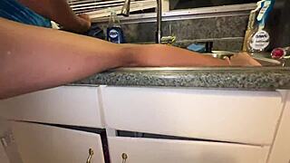 Ebony teen stepdad kitchen play