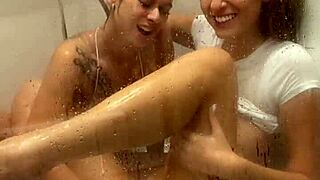 Lesbian shower turns sloppy double blowjob contest, huge facial cum swap pov