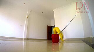 Naked panty-less maid tidies curvy in office