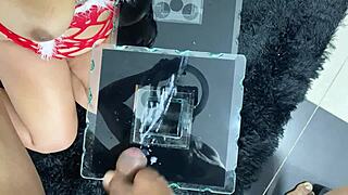 nasty latina brunette eats huge cum loads POV.