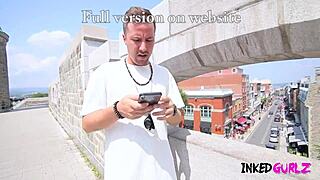 hey, watch this tattooed babe get choked and fucked rough