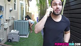 Step auntie milf blows big cock then backyard fuck tanned big tits