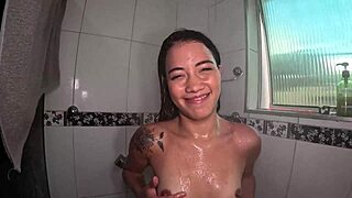 Shy Brazilian Brunette Joins Girls' Fun And Takes First Cock In Juicy Shower