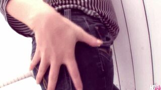 Kaede Kuroki in ripped jeans bent over for two cocks?