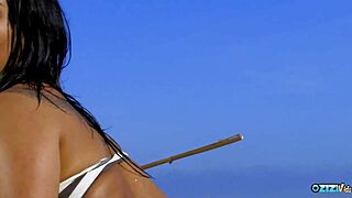 super sexy brunette strips teases dances then takes beach cock ride