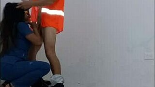 Nurse Seduces Janitor in Hospital Hallway Standing Sex with Condom