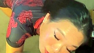 Savage asian dress babe slurps sloppy blowjob begs doggystyle creampie