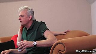 twenty years old kinky redhead rides and licks old man's shaved cock cowgirl style