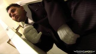 busty blonde milf strokes and sucks hard cock in stockings