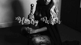 horny ebony witch in fishnets fucks herself double with buttplug and teaser