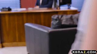 Lingerie-clad employee fucks two bosses in office threesome