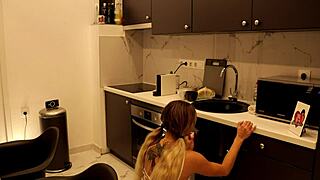 Hot TATTOOED Blonde FLASHES Meaty PUSSY & ASS In Kitchen Panties Off!!